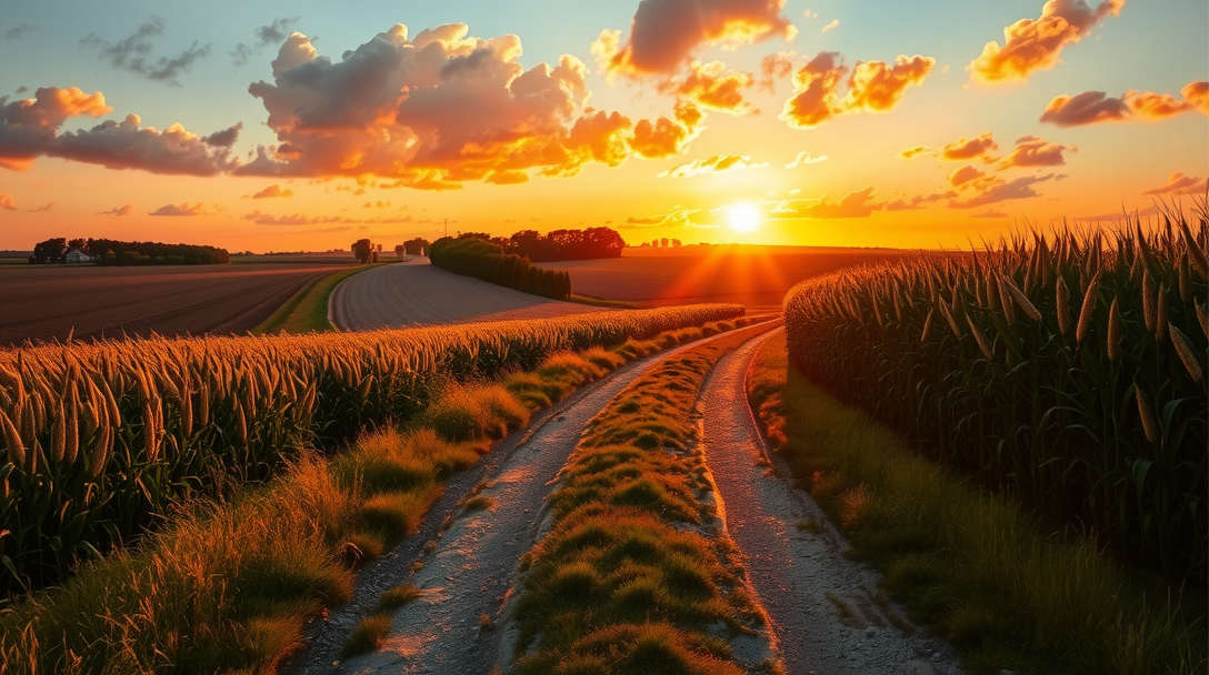 Ein malerischer Feldweg führt durch goldene Felder und hohe Maispflanzen, während die Sonne am Horizont aufgeht. Der Himmel leuchtet in warmen Orange- und Rottönen, und die Landschaft wird von sanftem Morgenlicht durchflutet – der perfekte Start in einen aktiven Tag.